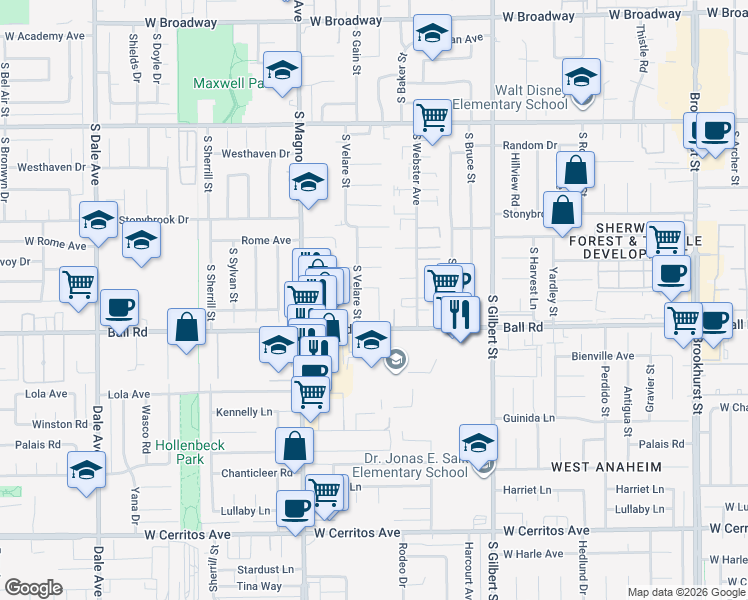 map of restaurants, bars, coffee shops, grocery stores, and more near 911 South Texella Court in Anaheim