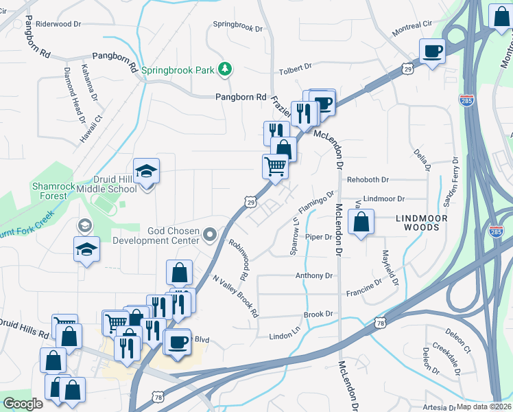 map of restaurants, bars, coffee shops, grocery stores, and more near 3096 Turman Circle in Decatur