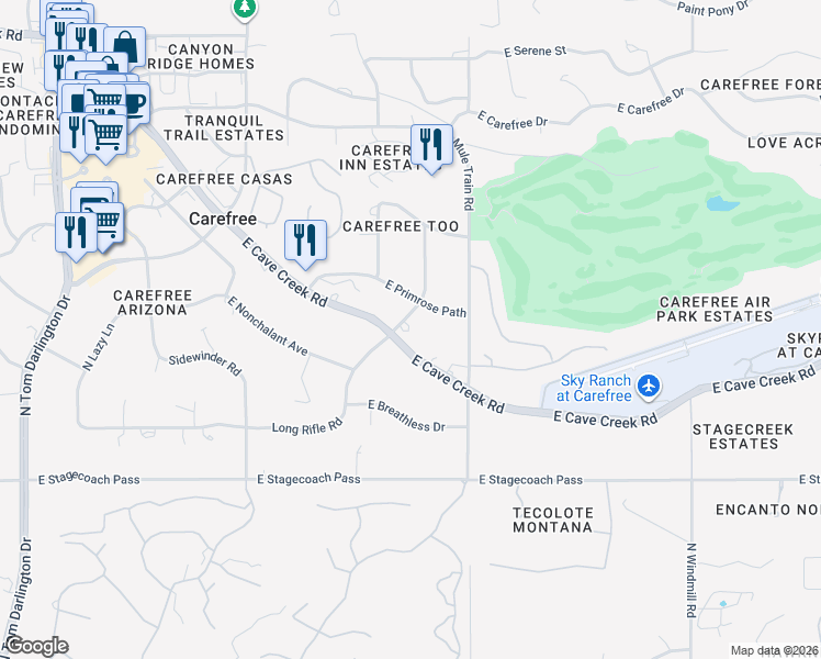 map of restaurants, bars, coffee shops, grocery stores, and more near 7819 East Long Rifle Road in Carefree