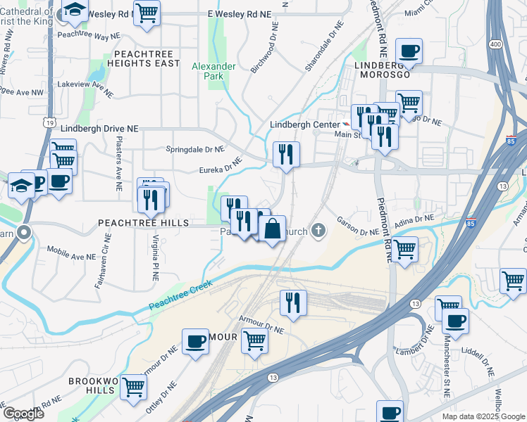map of restaurants, bars, coffee shops, grocery stores, and more near 370 Peachtree Hills Avenue Northeast in Atlanta