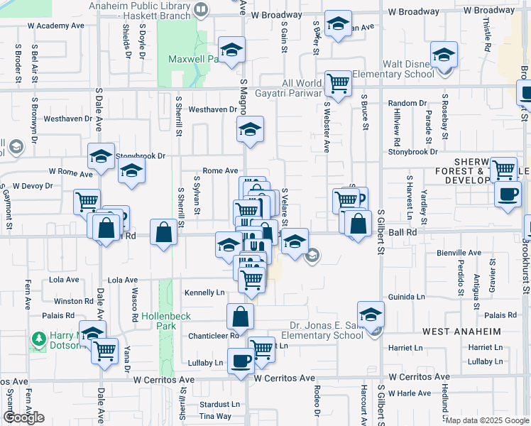 map of restaurants, bars, coffee shops, grocery stores, and more near 2568 West Heffron Drive in Anaheim