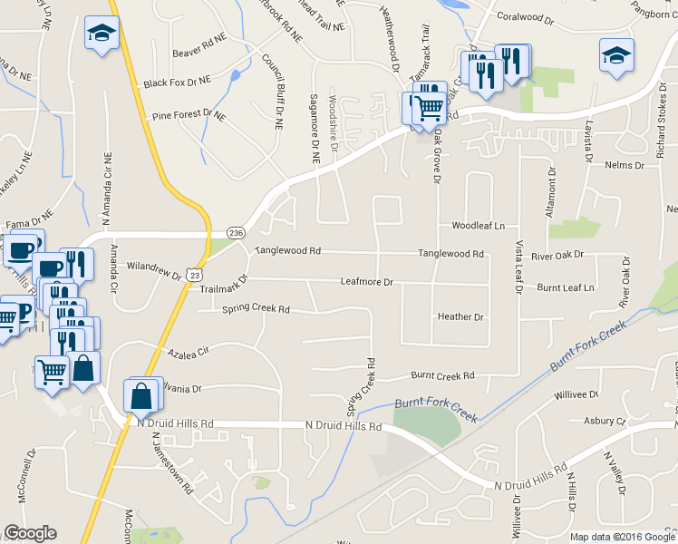 map of restaurants, bars, coffee shops, grocery stores, and more near 2234 Leafmore Dr in Decatur