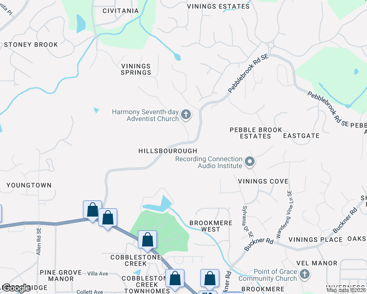 map of restaurants, bars, coffee shops, grocery stores, and more near 740 Pebblebrook Road Southeast in Mableton