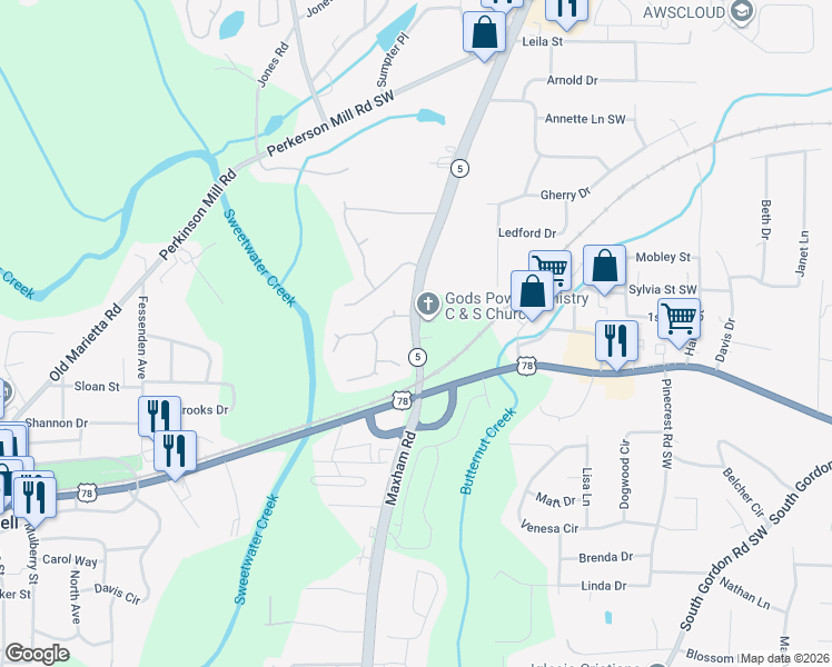 map of restaurants, bars, coffee shops, grocery stores, and more near Austell Road in Austell