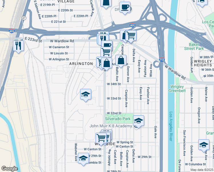 map of restaurants, bars, coffee shops, grocery stores, and more near 3384 Santa Fe Avenue in Long Beach