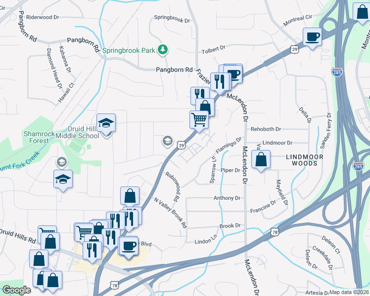 map of restaurants, bars, coffee shops, grocery stores, and more near 3096 Turman Circle in Decatur