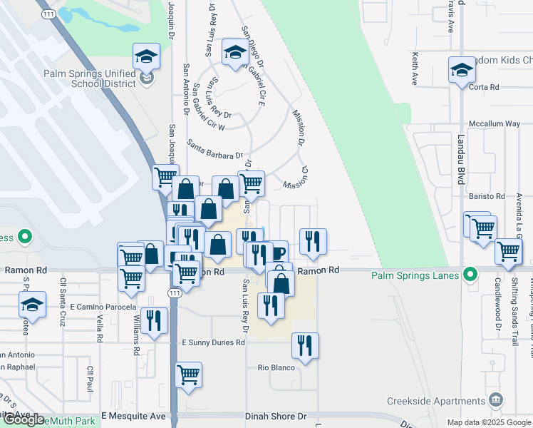 map of restaurants, bars, coffee shops, grocery stores, and more near 18 Lakeview Circle in Cathedral City