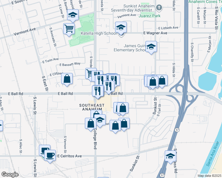 map of restaurants, bars, coffee shops, grocery stores, and more near 2126 East Almont Avenue in Anaheim
