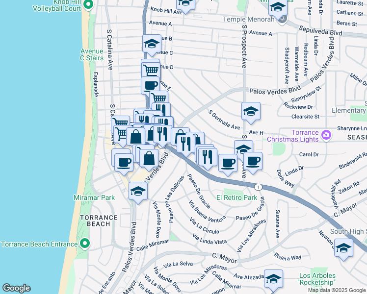map of restaurants, bars, coffee shops, grocery stores, and more near 414 Avenue G in Redondo Beach