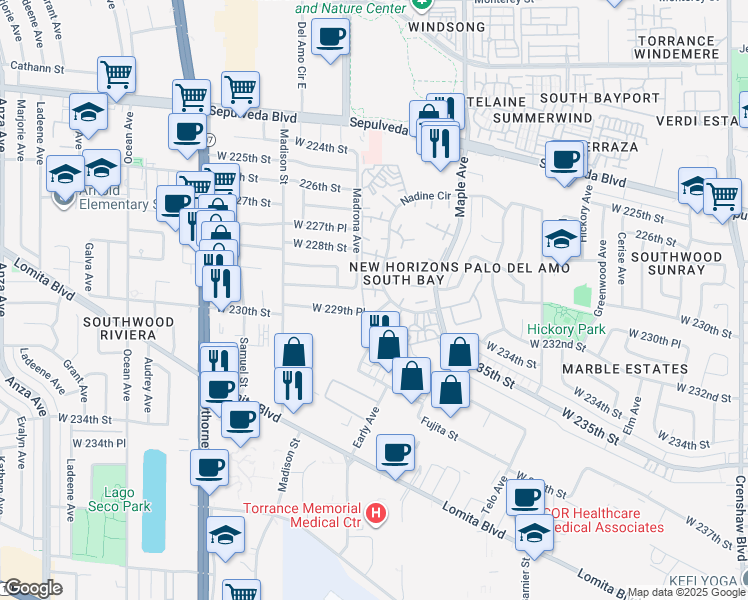 map of restaurants, bars, coffee shops, grocery stores, and more near 22917 Nadine Circle in Torrance