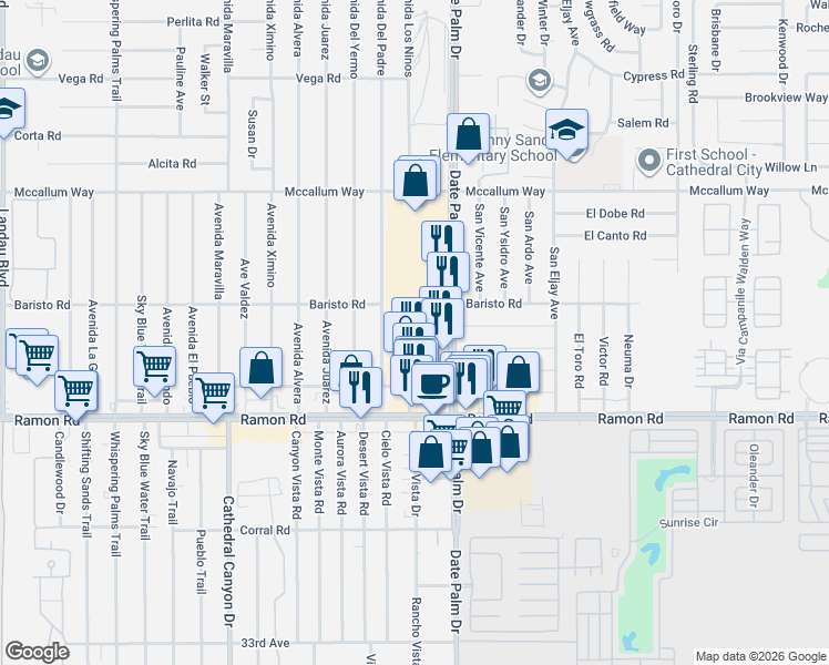 map of restaurants, bars, coffee shops, grocery stores, and more near 31622 Date Palm Drive in Cathedral City