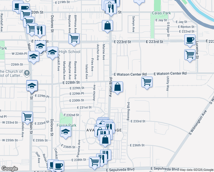 map of restaurants, bars, coffee shops, grocery stores, and more near 22826 Serra Drive in Carson