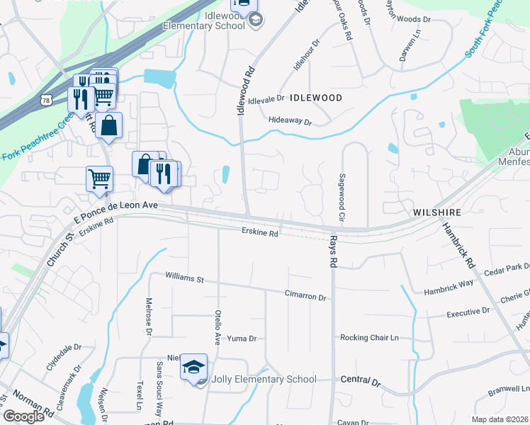 map of restaurants, bars, coffee shops, grocery stores, and more near 4766 East Ponce de Leon Avenue in Stone Mountain