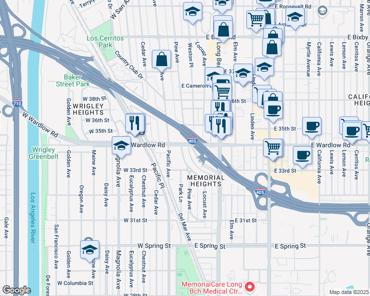 map of restaurants, bars, coffee shops, grocery stores, and more near 100 West Wardlow Road in Long Beach