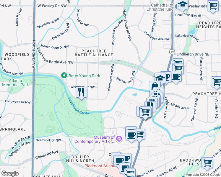 map of restaurants, bars, coffee shops, grocery stores, and more near 2361 Woodward Way Northwest in Atlanta