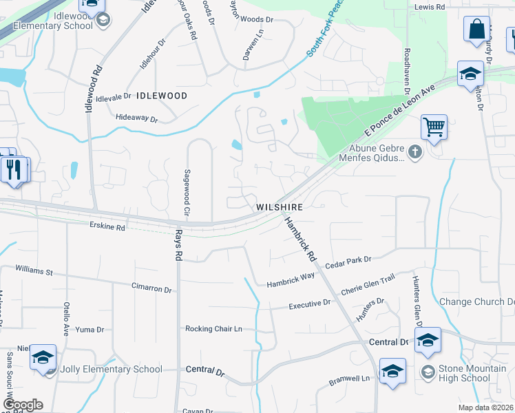 map of restaurants, bars, coffee shops, grocery stores, and more near 4315 Orchard Park Court in Stone Mountain