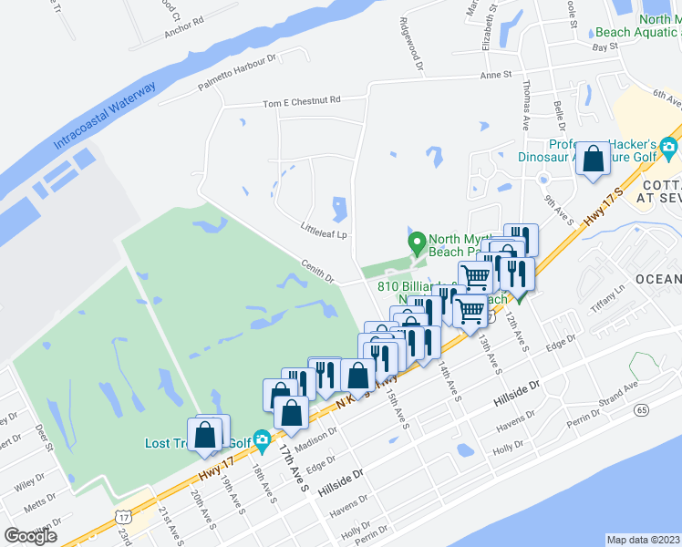 map of restaurants, bars, coffee shops, grocery stores, and more near 1101 Possum Trot Road in North Myrtle Beach