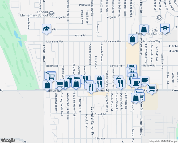 map of restaurants, bars, coffee shops, grocery stores, and more near 31575 Avenida Maravilla in Cathedral City