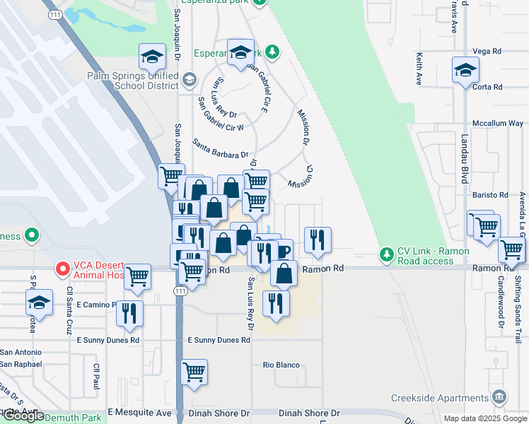 map of restaurants, bars, coffee shops, grocery stores, and more near 31632-31640 San Luis Rey Drive in Cathedral City