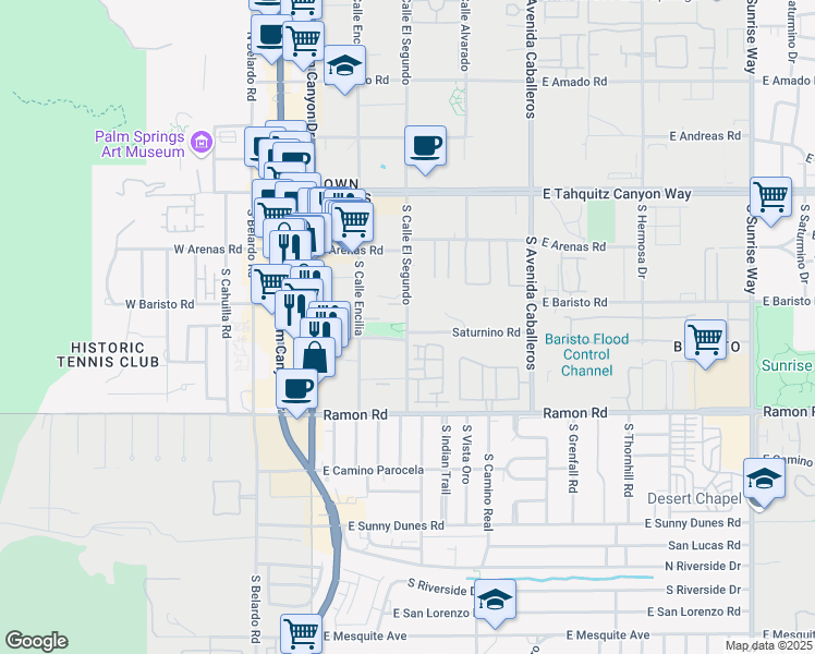 map of restaurants, bars, coffee shops, grocery stores, and more near 303 South Calle El Segundo in Palm Springs