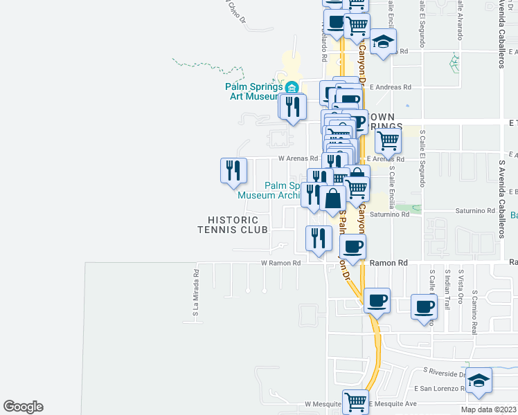 map of restaurants, bars, coffee shops, grocery stores, and more near 333 South Patencio Road in Palm Springs
