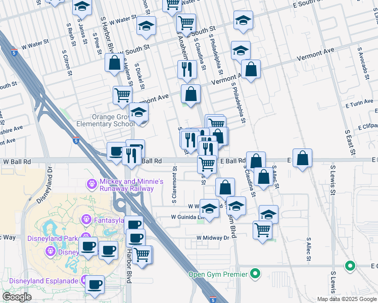 map of restaurants, bars, coffee shops, grocery stores, and more near 1123 South Lemon Street in Anaheim