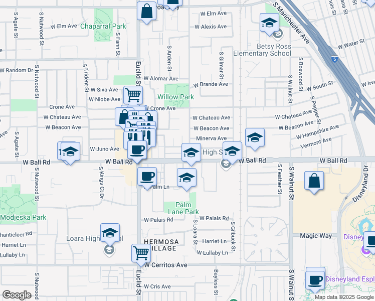 map of restaurants, bars, coffee shops, grocery stores, and more near 925 South Loara Street in Anaheim
