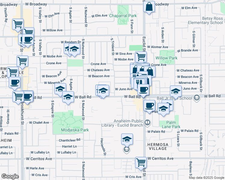 map of restaurants, bars, coffee shops, grocery stores, and more near 916 South Park Circle in Anaheim