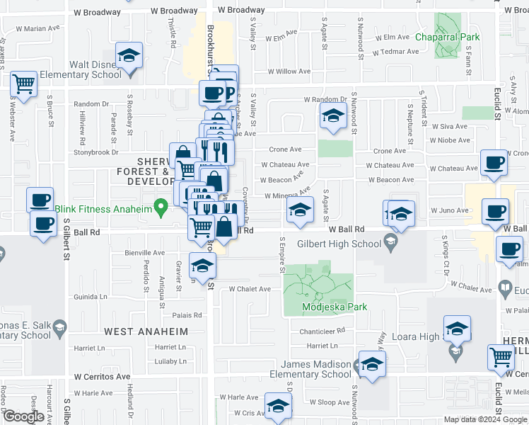 map of restaurants, bars, coffee shops, grocery stores, and more near 2121 West Juno Avenue in Anaheim