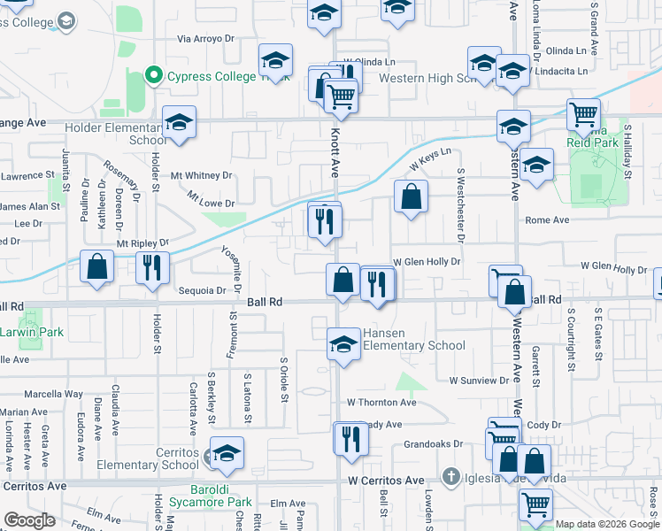 map of restaurants, bars, coffee shops, grocery stores, and more near 909 South Knott Avenue in Anaheim