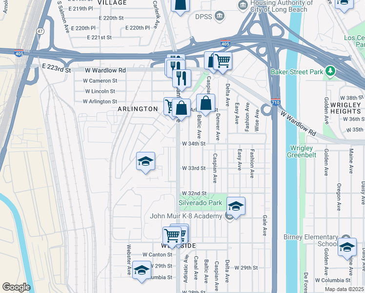 map of restaurants, bars, coffee shops, grocery stores, and more near 3405 Adriatic Avenue in Long Beach