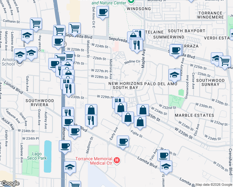 map of restaurants, bars, coffee shops, grocery stores, and more near 22917 Nadine Circle in Torrance