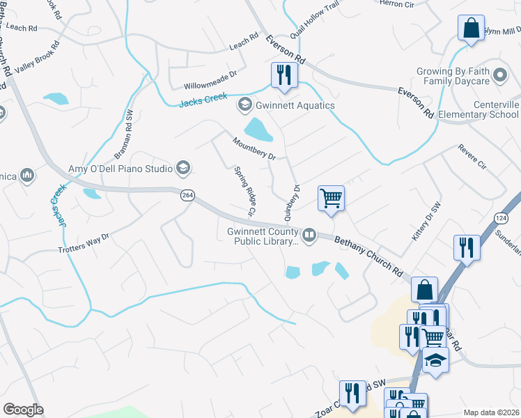 map of restaurants, bars, coffee shops, grocery stores, and more near 2930 Spring Ridge Circle in Snellville