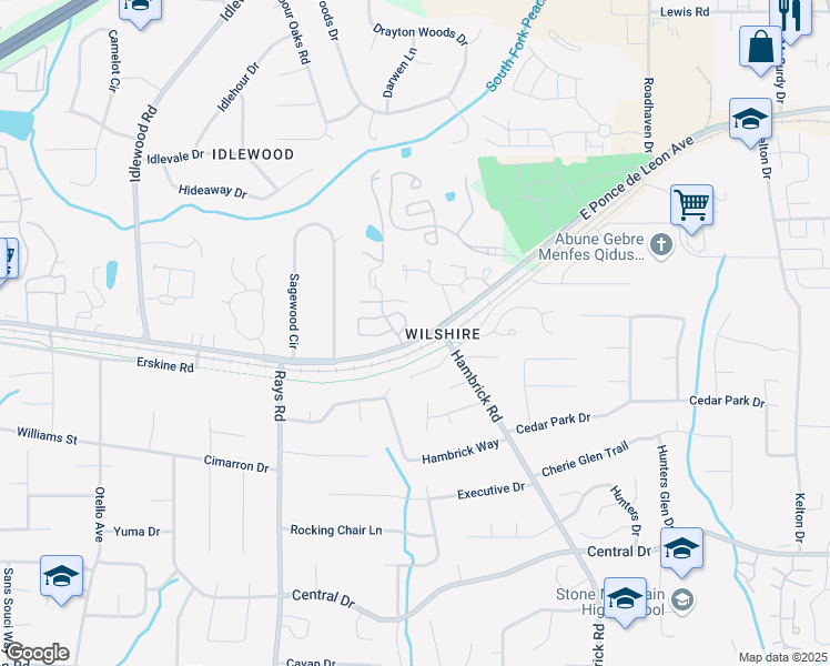 map of restaurants, bars, coffee shops, grocery stores, and more near 4321 Orchard Park Court in Stone Mountain