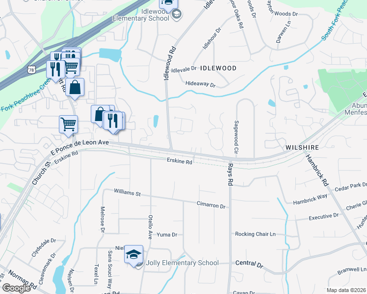 map of restaurants, bars, coffee shops, grocery stores, and more near 4766 East Ponce de Leon Avenue in Stone Mountain