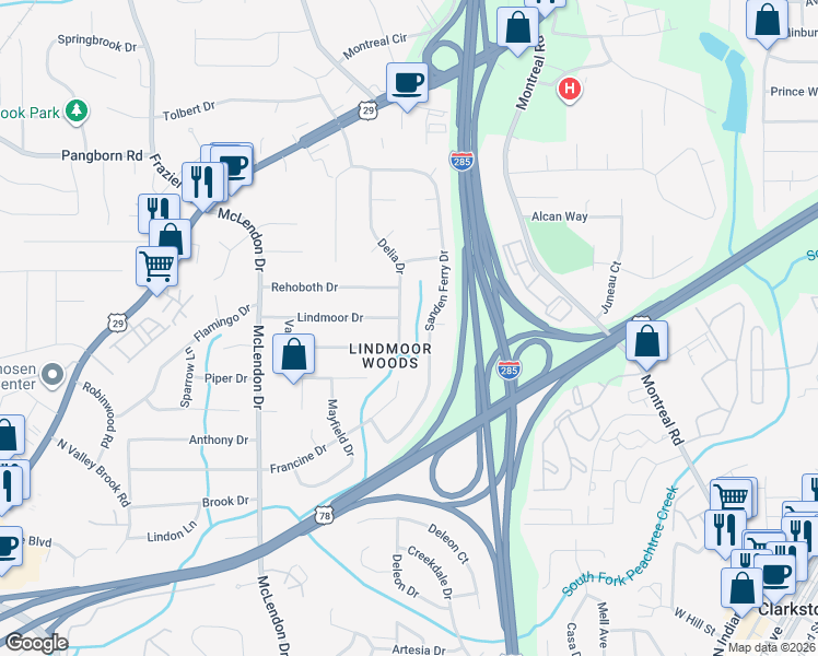 map of restaurants, bars, coffee shops, grocery stores, and more near 1529 Delia Drive in Decatur