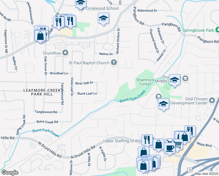 map of restaurants, bars, coffee shops, grocery stores, and more near 2592 River Oak Drive in Decatur
