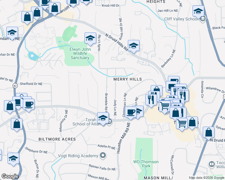 map of restaurants, bars, coffee shops, grocery stores, and more near 1332 Jody Lane Northeast in Atlanta