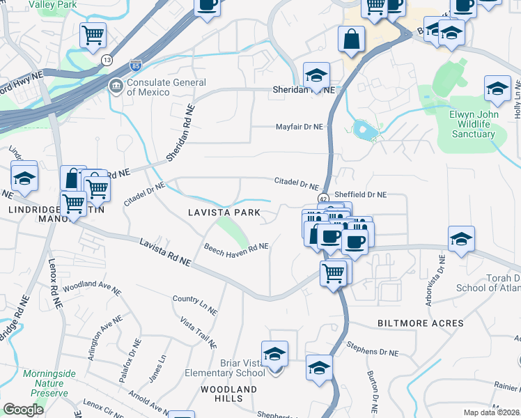 map of restaurants, bars, coffee shops, grocery stores, and more near 1240 Wildcliff Circle in Atlanta
