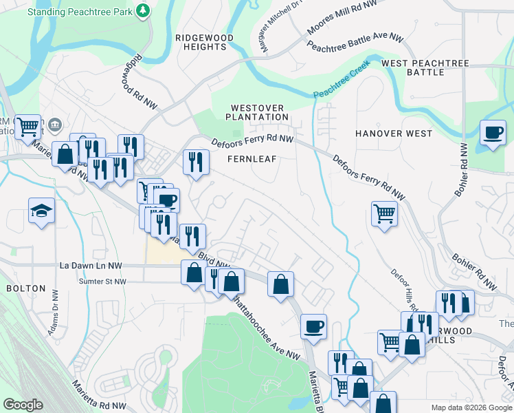 map of restaurants, bars, coffee shops, grocery stores, and more near 1236 Liberty Parkway Northwest in Atlanta