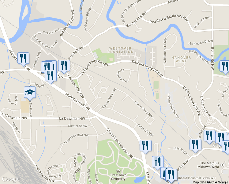map of restaurants, bars, coffee shops, grocery stores, and more near 1168 Liberty Parkway Northwest in Atlanta