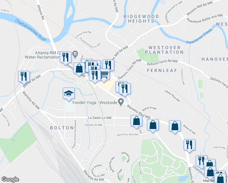map of restaurants, bars, coffee shops, grocery stores, and more near 2267 Marietta Boulevard Northwest in Atlanta
