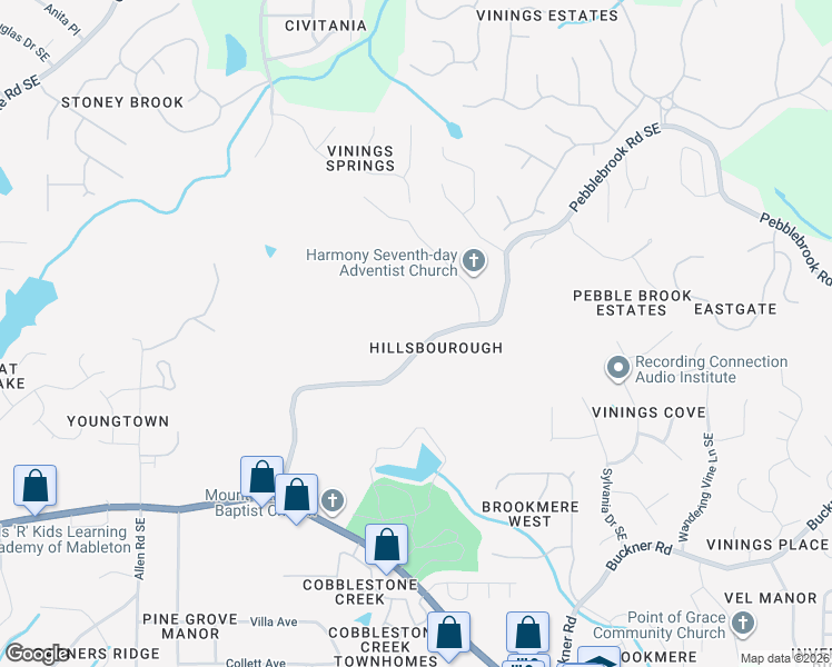 map of restaurants, bars, coffee shops, grocery stores, and more near 661 Pebblebrook Lane Southeast in Mableton