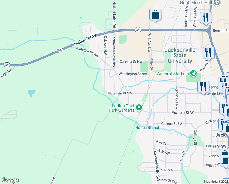 map of restaurants, bars, coffee shops, grocery stores, and more near 202 Bundrum Drive Northwest in Jacksonville