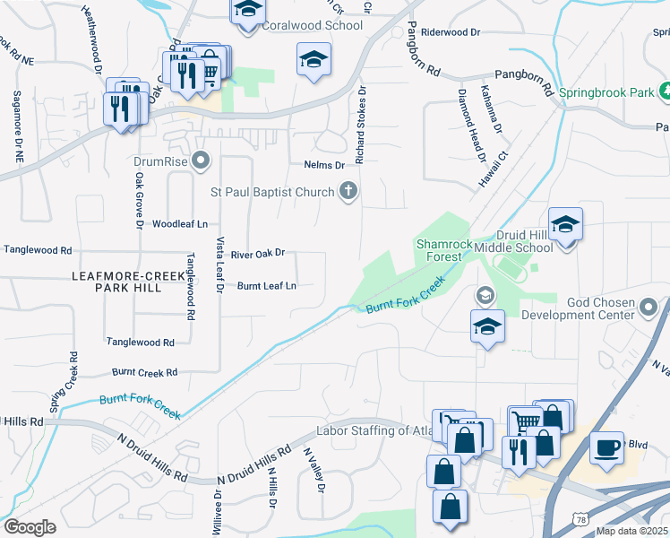 map of restaurants, bars, coffee shops, grocery stores, and more near 2592 River Oak Drive in Decatur