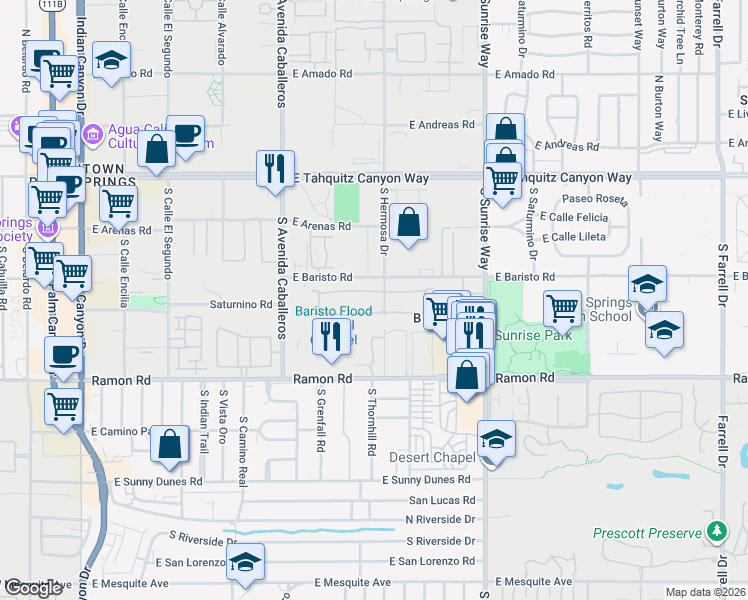 map of restaurants, bars, coffee shops, grocery stores, and more near 1293 Tiffany Circle North in Palm Springs