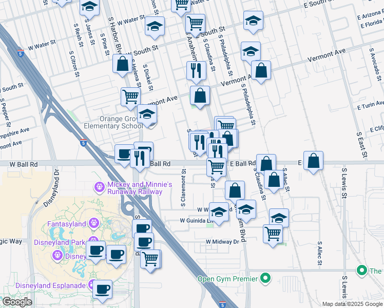map of restaurants, bars, coffee shops, grocery stores, and more near 1129 South Lemon Street in Anaheim
