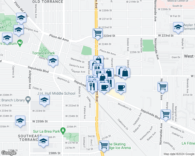 map of restaurants, bars, coffee shops, grocery stores, and more near 24000 South Western Avenue in Torrance
