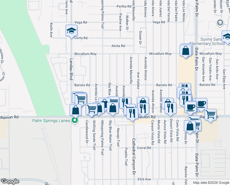 map of restaurants, bars, coffee shops, grocery stores, and more near 31570 Avenida El Mundo in Cathedral City