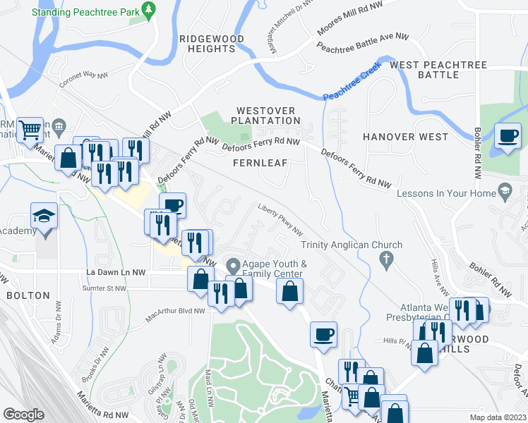 map of restaurants, bars, coffee shops, grocery stores, and more near 1228 Liberty Parkway Northwest in Atlanta